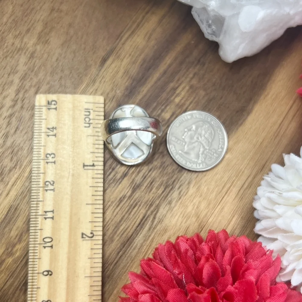 Vintage Chunky Mother of Pearl Inlay Ring Size 6 Sterling Silver Southwestern - Picture 11 of 13